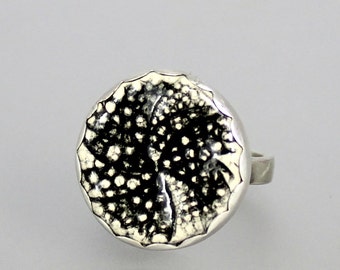 Porcelain Silver Ring - Black and White Porcelain Ring - Ceramic Button Silver Ring - Black White Ceramic Cabochon - Sterling Silver Ring