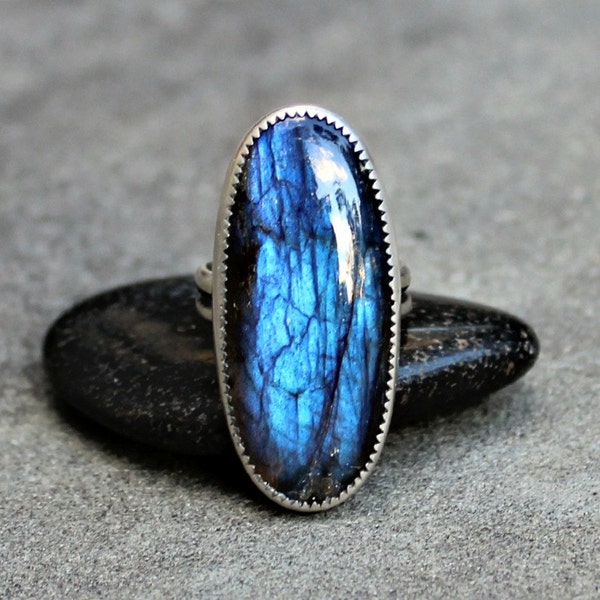 Labradorite Ring - Blue Labradorite Ring - Fancy Bezel Labradorite Silver Ring - Labradorite Marquis Cabochon Sterling Ring - US Size 7.5