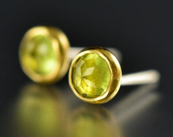 Peridot Stud Earrings - Peridot Gold Studs - Rose Cut Peridot Studs - Gold Gem Studs - Rose Cut Peridot 18 KT Yellow Gold Post Earrings