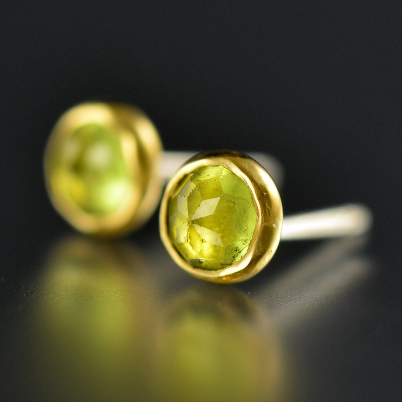 Peridot Stud Earrings Peridot Gold Studs Rose Cut Peridot Studs Gold Gem Studs Rose Cut Peridot 18 KT Yellow Gold Post Earrings image 1