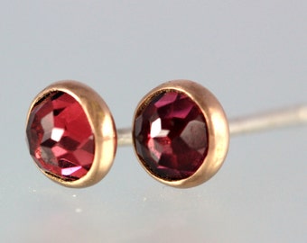 Garnet Studs - Rose Cut Garnet 14 Kt Rose Gold Studs - Rose Cut Garnet Gold Studs - Rhodolite Garnet Rose Gold Post Earrings - Pink Garnet