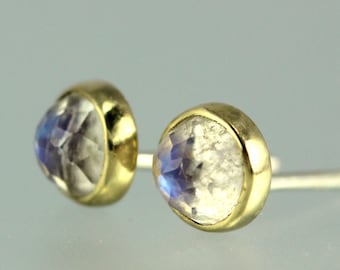 Moonstone Studs - Moonstone Posts - Blue Moonstone Earrings - Rose Cut Moonstone Studs - Moonstone 18 KT Gold Studs - 18 KT Gold Posts