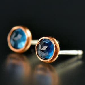 Blue Topaz Studs - Rose Cut Blue Topaz Studs - Rose Cut Topaz Gold Studs - Rose Gold Blue Topaz Studs - 14 KT Rose Gold Blue Topaz Gem Studs