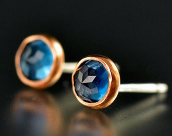 Blue Topaz Studs - Rose Cut Blue Topaz Studs - Rose Cut Topaz Gold Studs - Rose Gold Blue Topaz Studs - 14 KT Rose Gold Blue Topaz Gem Studs