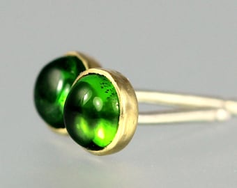 Green Studs - Chrome Diopside Gem Studs - 18 KT Yellow Gold Bezel Gem Posts - Gold Posts with Bright Green Gems - Tiny Green Gem Gold Studs