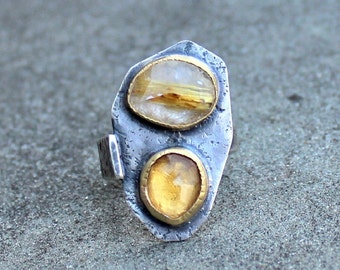 Rose Cut Citrine Ring - Rose Cut Gold Rutilated Quartz - Double Gem Ring - 2 Stone Ring - Rustic Silver - Textured Silver Ring - 18 KT Gold