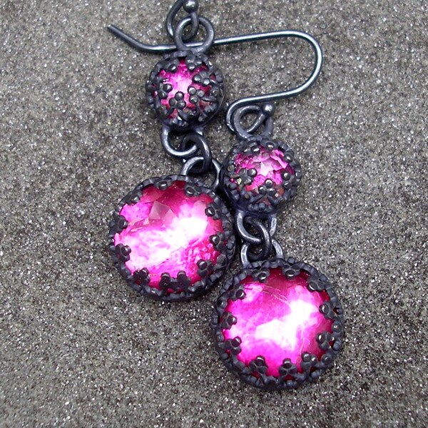 Pink Topaz and Sterling Silver Earrings-Filigree Dangles