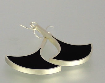 Resin Earrings - Black Earrings - Black Silver Earrings - Black Resin Earrings - Resin Sterling Dangles - Resin Silver Earrings - Geometric