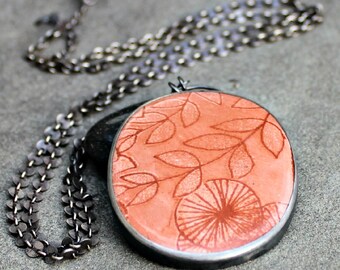 Enamel Necklace - Terra Cotta Enamel Necklace - Orange Brown Enamel Necklace - Lily Pads - Photo Enamel Necklace - Modern Enamel