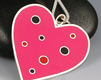 Heart Pendant-  Hot Pink Polka Dot Resin and Sterling Silver, Handmade