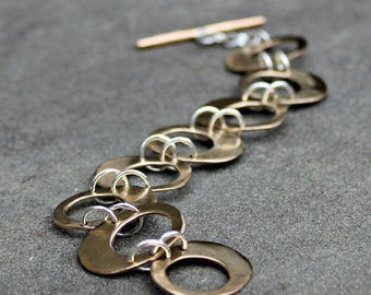 Bronze Bracelet - Hammered Bronze Link Bracelet - Hand Made Bronze Chain Bracelet - Modern Bronze and Silver Bracelet - Oval Links