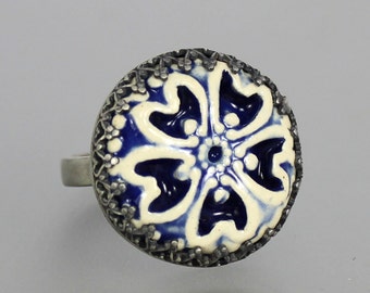 Porcelain Silver Ring - Blue and White Porcelain Ring - Ceramic Button Silver Ring - Blue White Ceramic Cabochon - Sterling Silver - US 7.5