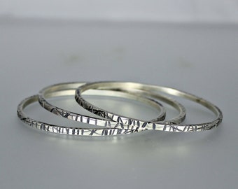 Silver Bangle - Stacking Bangles - Sterling Silver Bangles - Chiseled Silver Bangles - Heavy Stacking Bangles - Set of Silver Bangles