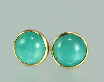 Gem Studs - Amazonite Studs - Turquoise Blue Gem Posts - Blue Gem 18 KT Gold Studs - Bezel Set Gem 18KT Gold  - Tiny Blue Gem Gold Studs