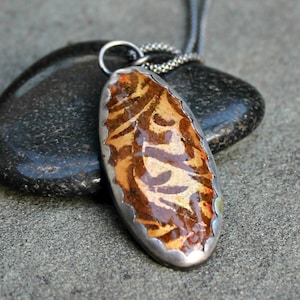 Enamel Pendant - Enamel Silver Necklace - Enamel Fancy Bezel Necklace - Gold and Brown Enamel and Sterling Silver - Edwardian Design