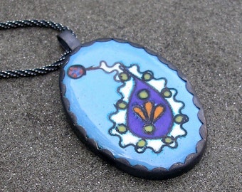 Enamel Paisley Necklace- Cloisonne Enamel Paisley Pendant - Blue Enamel Sterling Silver Paisley Necklace -  Cloisonne Enamel Blue Necklace