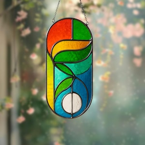 Colorful Stained Glass Window Panel Suncatcher Modern Geometric Abstract Art Handmade Glass Hanging Window Decor for Home Office Gift