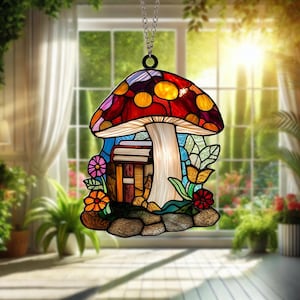 Whimsical Mushroom Shaped House with Books Acrylic Suncatcher Cozy Fantasy Window Decor for Book Lovers and Fairy Tale Enthusiasts