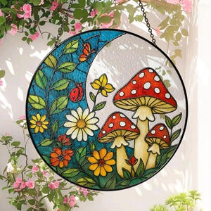 Acrylic Mushroom Moon Suncatcher Window Decor Faux Stained Look Cottagecore Wall Art Amanita Hanging Gift for Nature Lovers Room Decor