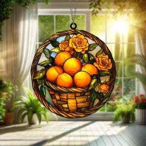 Stained Glass Suncatcher: Oranges, Yellow Roses, Floral Window Hanging