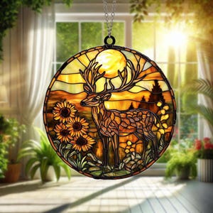 Handmade Stained Glass Deer Suncatcher: Sunflower Window Ornament