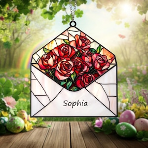 Carta blanca abierta con muchas rosas en su interior. Atrapasueños de cristal artesanal para amantes de las rosas y decoración floral para el hogar.