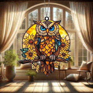Owl Suncatcher Stained Glass Window Hanging Wise Bird Decor Woodland Animal Art Gift for Owl Lovers Nature Inspired Rustic Home Accent,