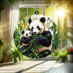 Mother and Baby Panda Suncatcher: Handcrafted Stained Glass Window Decoration