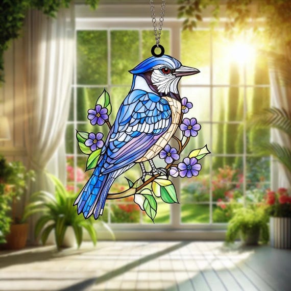 ブルージェイのサンキャッチャー：花を添えた手作りのステンドグラスの