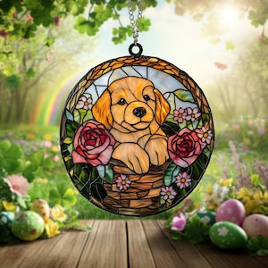 Handcrafted Stained Glass Dog Suncatcher: Floral Window Decor