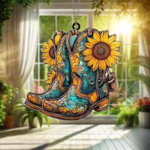 Stained Glass Cowboy Boots Suncatcher: Western Car Decoration