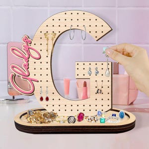 Personalized Wooden Earring Holder Stand with Tray: Custom Jewelry Organizer