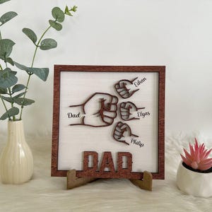 Personalized Fist Bump Dad Wooden Sign with Standee Custom Fathers Day Gift with Kids Names Desktop Plaque for Dad or Grandpa