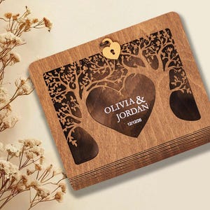 Personalized Wooden Memory Box in Book Shape Custom Engraved Keepsake Chest for Wedding Anniversary Engagement Couple Gift Idea