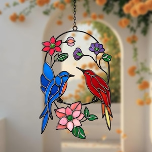 Handmade Hummingbird Stained Glass Suncatcher: Floral Window Decor