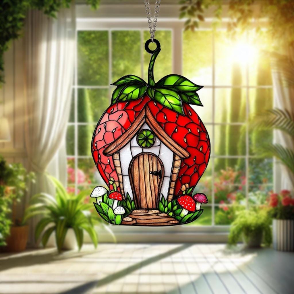 Whimsical and Charming Strawberry-Shaped House Suncatcher Beautiful Handcrafted Window Decoration for Home and Garden Lovers