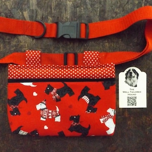 Rote Scottie Leckerli Tasche für Hunde – Handgefertigte Leckerli Tasche mit Scottie & Herzen – Einhandverschluss, messingfestes Futter, verstellbarer Gürtel