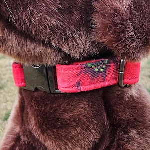 Puede incluir: Un collar rojo para perros con hebilla negra y estampado floral. El collar es de tela y tiene una anilla en D de metal para sujetar una correa. El estampado floral incluye detalles en verde y negro.