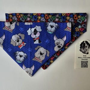 Small Colorful Dog Faces & Rainbow Hearts Reversible Bandana – Handmade Cotton Slide-On Scarf for Medium Dogs