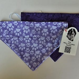 Small Purple Paw Print Reversible Dog Bandana – Handmade Cotton Slide-On Collar Bandana for Dogs
