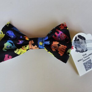 Colorful Cartoon Dogs on Black Handmade Dog Bow Tie | Slide-On Collar Accessory | Cotton Accessory