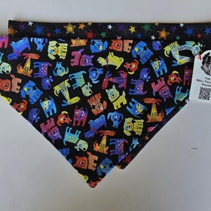 Large Colorful Cartoon Dogs & Star Print Handmade Reversible Dog Bandana – Cotton Slide-On Bandana for Large Dogs – Washable Pet Scarf