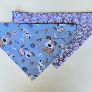 Light Blue Cartoon Dog and Purple Paw Prints Slide-On Dog Bandana, Washable Collar Slip-On, Handmade Pet Scarf - Reversible Dog Bandana