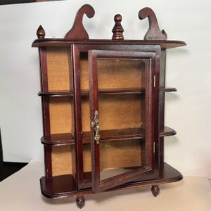 Vintage Wood Curio Cabinet Shelves Glass Door Footed Tabletop Wall Hanging 17.5&quot;