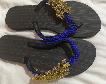 Blue black and gold beads slippers