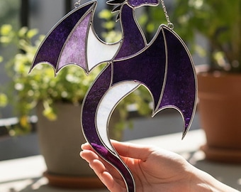 Personalized Purple Dragon Stained Glass Suncatcher, Fantasy Home Decor