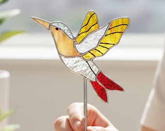 Personalized Hummingbird Stained Glass Plant Stake, Custom Garden Marker, Handmade Bird Lover Gift