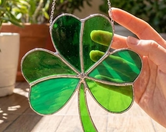 Personalized Shamrock Stained Glass Suncatcher, Custom Handmade Lucky Clover Window Hanging, Patrick Day Gift