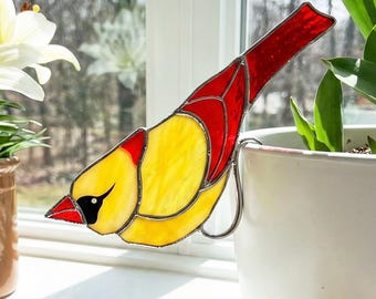 Personalized Female Cardinal Stained Glass Plant Stake, Custom Name Handmade Bird Pot Decor