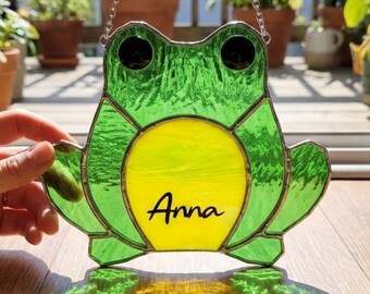 Personalized Frog Stained Glass Suncatcher, Custom Name Handmade Window Hanging Nursery Decor